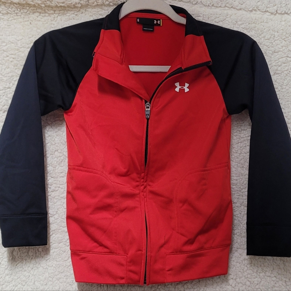Under Armour Red & Black Zip up Track top, light pilling , Pre-loved Size 6
